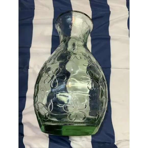 Vintage Green Recycled Glass Daisy Embossed Bottle - Beautiful Heavy Piece! 13”